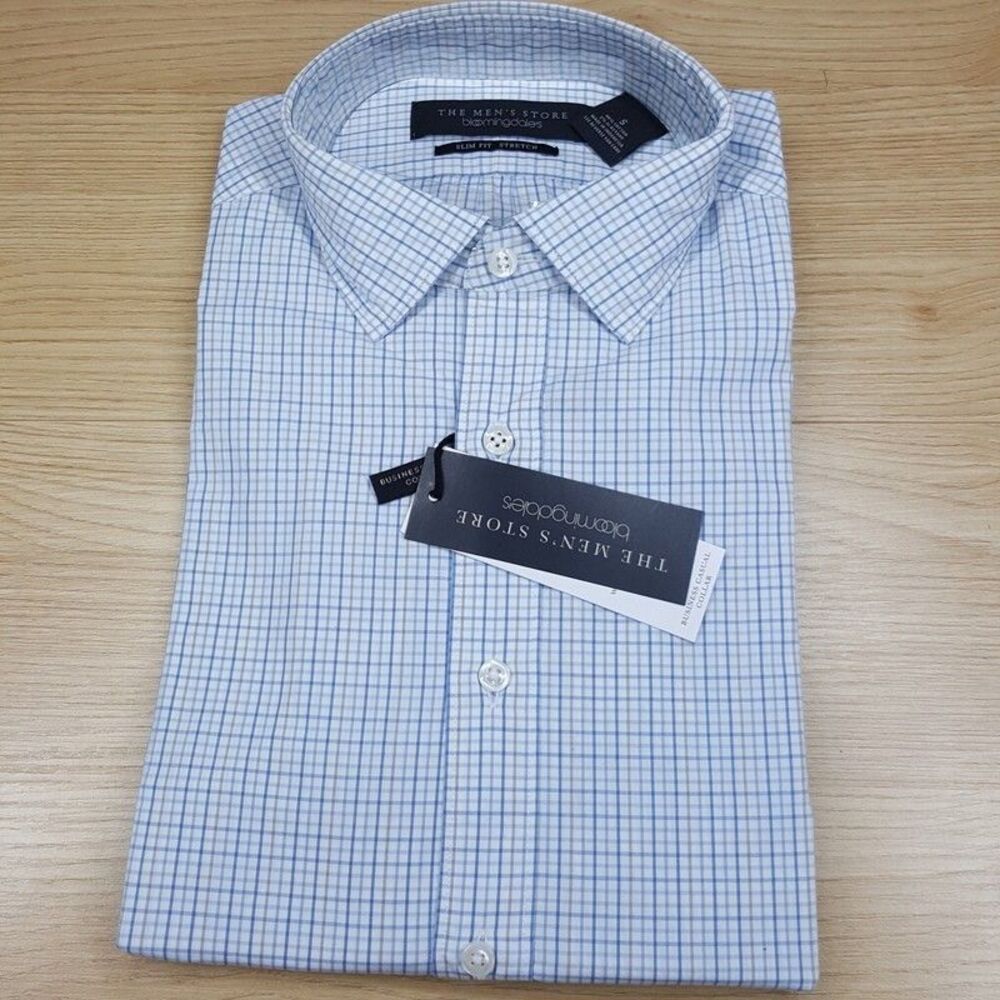 BLOOMINGDALES Shirt Mens Small Blue Tan Grid Check Button Up Slim Fit Stretch